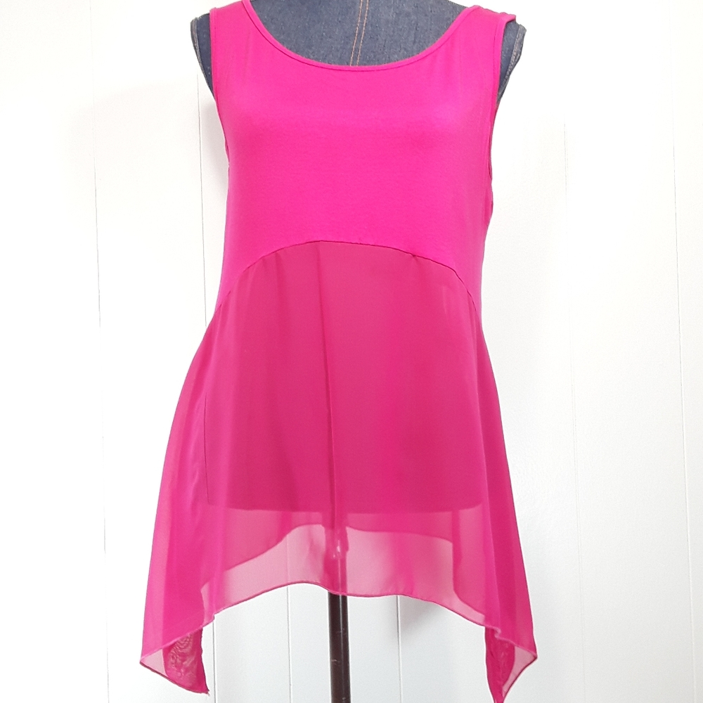 Sheer uneven bottom French Blue magenta tank top size medium